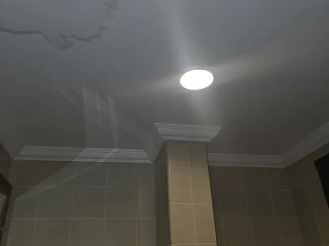 Ceiling water stain and access panel before repair
