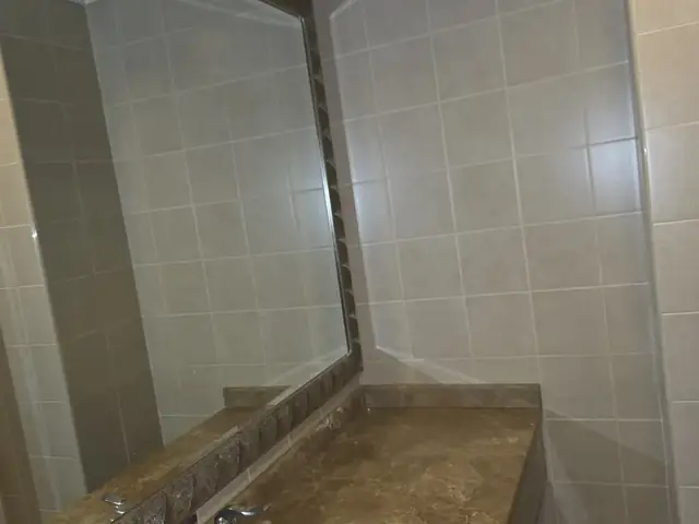 Original outdated bathroom vanity before renovation