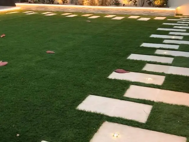 Dubai villa garden landscaping with feature lighting