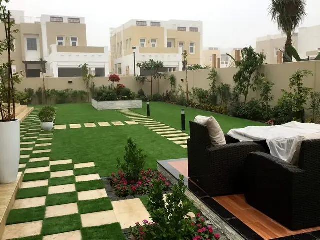 Villa garden landscaping with outdoor seating area