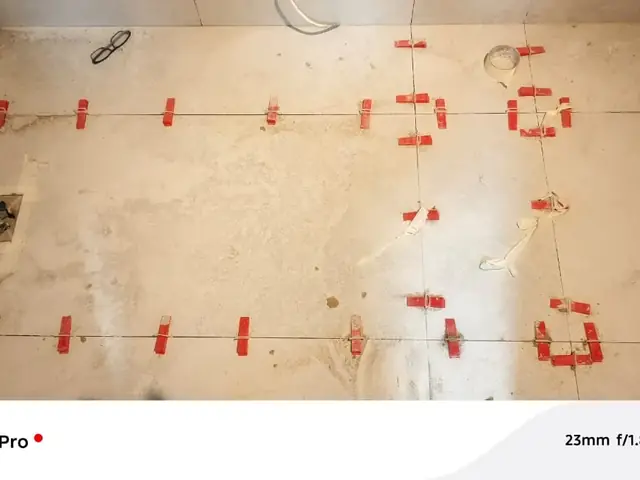 Bathroom floor tiling installation with leveling clips