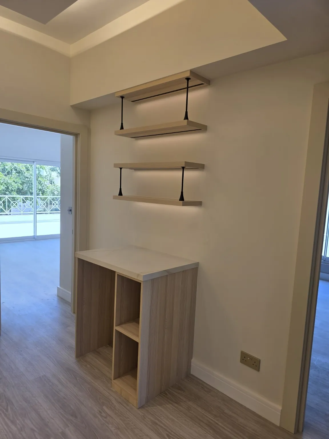 Custom floating shelf and console unit joinery