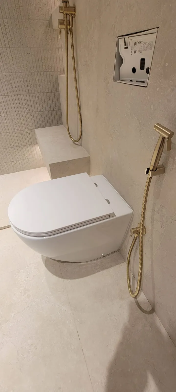 Finished powder room with brass fittings