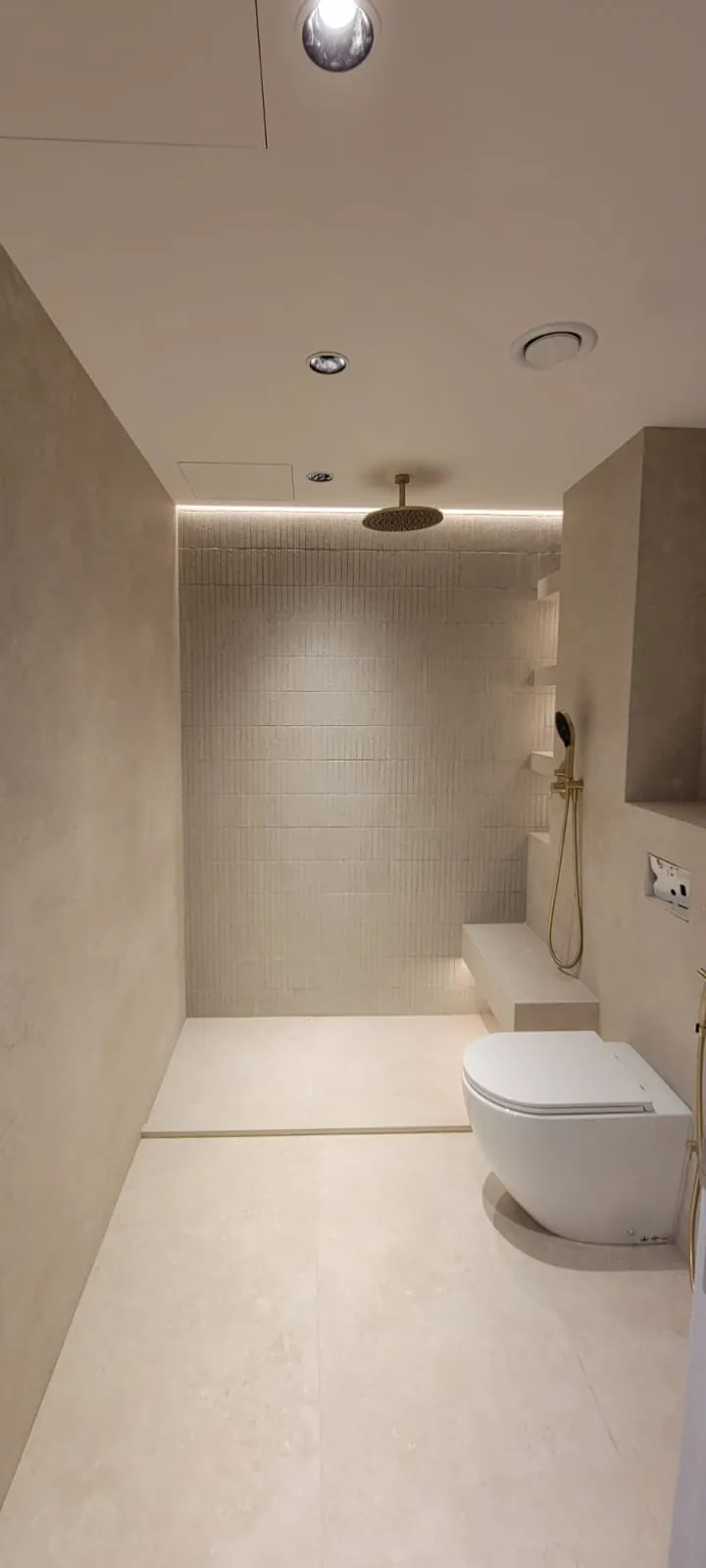 Finished bathroom with brass fixtures and rain shower