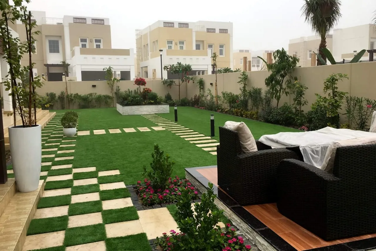 Villa garden landscaping with outdoor seating area