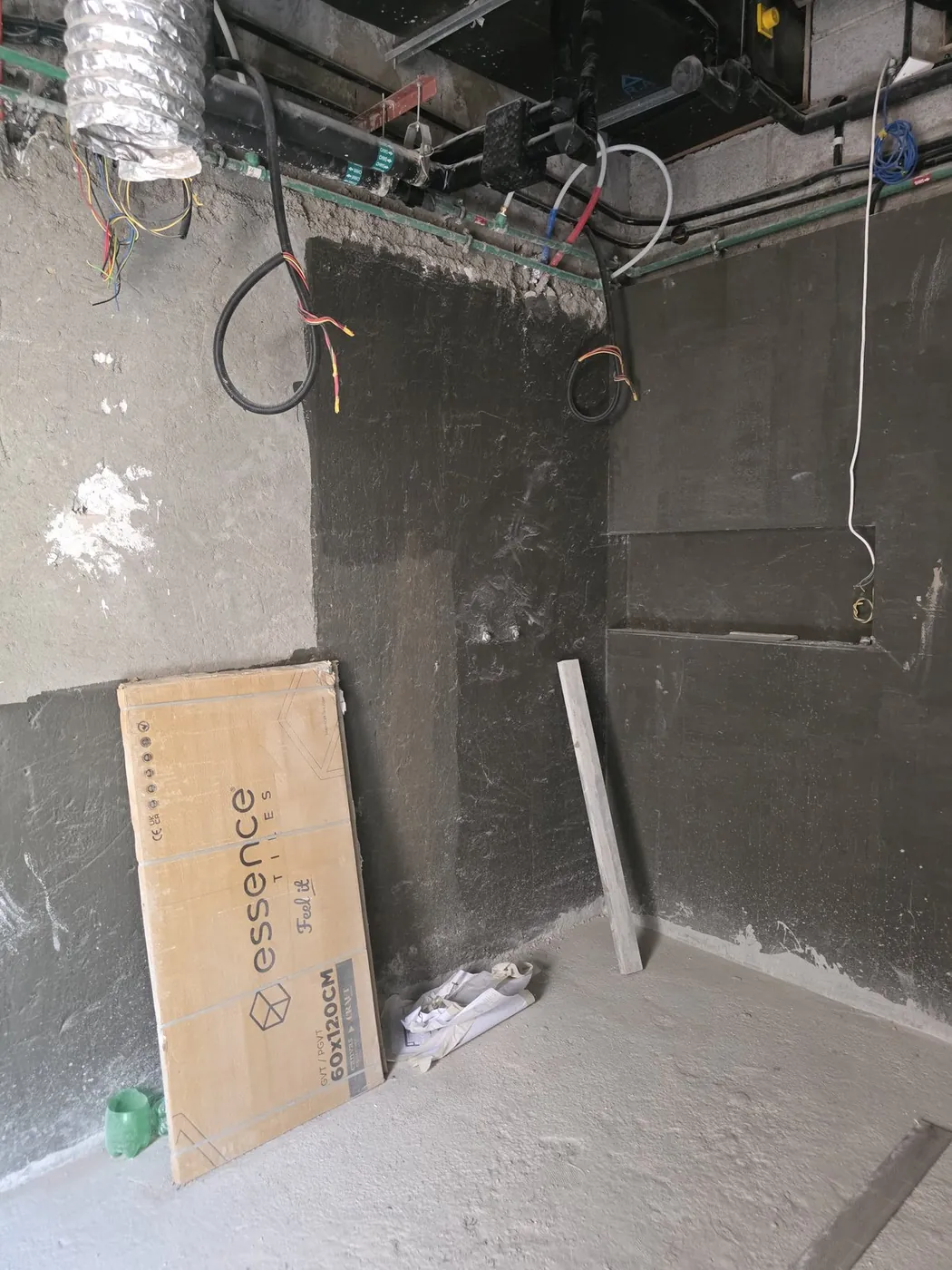 Room preparation before tiling with materials on site