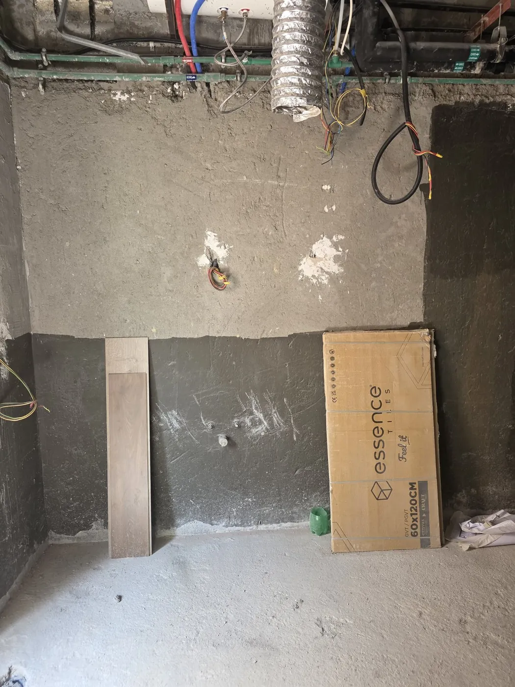 Room preparation before tiling with materials on site